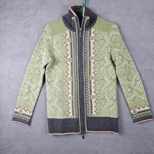 Eddie Bauer Nordic Sweater Green Fair Isle Long Sleeve Full Zip 100% Merino Sz M